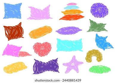 Set pillows different form in hand draw sketch style. Collection vivid color design elements. Vector illustration.