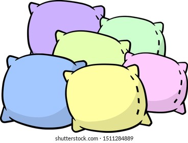Set of pillows. Element of bedroom and bed for sleep. Large and small object. Cartoon flat illustration. Soft colored cushions in blue, green and pink