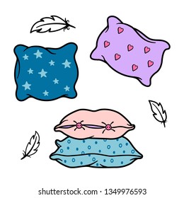 Set of pillows isolated on white background. Vector illustration, doodle art.