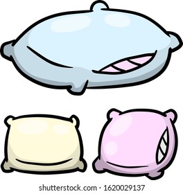 Set of pillows. Large and small object. Cartoon flat illustration. Soft colored cushions in blue and pink. Element of bedroom and bed for sleep