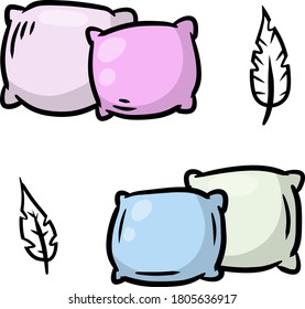Set of pillows. Large and small object. Cartoon flat illustration. Soft colored cushions in blue and pink.