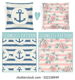 Set with pillows and seamless patterns.