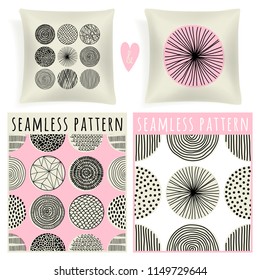 Set with pillows and seamless patterns. Can be used as background, packaging paper, cover, fabric and etc. Freehand drawing