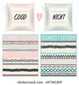 Set with pillows and seamless patterns. Can be used as background, packaging paper, cover, fabric and etc. Freehand drawing