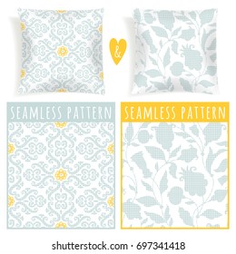 Set with pillows and seamless patterns. Can be used as background, packaging paper, cover, fabric and etc.