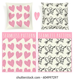 Set with pillows and seamless patterns. Template decorative ornament with an example of use