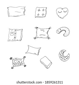 A set of pillows for sleeping. Time to sleep. Hand drawing. Orthopedic pillows, with tassels, heart pillow, moon pillow.