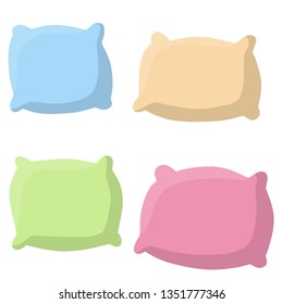 Set of pillows. Soft colored cushions in blue, green, pink and yellow. The element of the bedroom and bed for sleep. different shape and size. Cartoon flat illustration