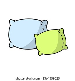 Set of pillows. Soft colored cushions in blue and green. The element of the bedroom and bed for sleep. Large and small object. Cartoon flat illustration