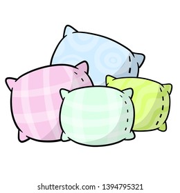 Set of pillows. Soft colored cushions in blue, green and pink. Element of bedroom and bed for sleep. Large and small object. Cartoon flat illustration