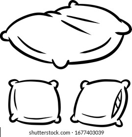 Set of pillows. Soft cushions. Large and small object. Cartoon black and white flat illustration. The element of the bedroom and bed for sleep