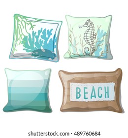 Set of pillows with a stylish print in turquoise isolated on white background. Vector illustration.