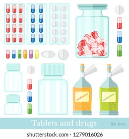 Set of pills in blister, capsule, mixture and different drugs isolated on white. Flat medicine style