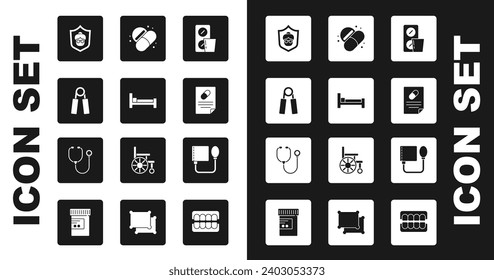 Set Pills in blister pack, Bed, Sport expander, Grandmother, Medical prescription, Medicine pill tablet, Blood pressure and Stethoscope icon. Vector