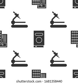 Set Pills in blister pack, Book and Microscope on seamless pattern. Vector