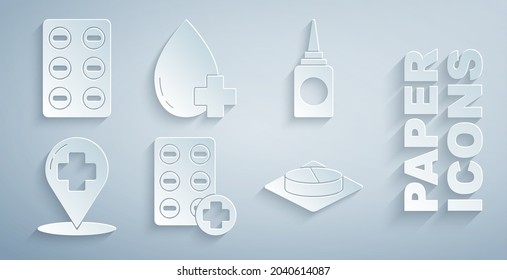 Set Pills in blister pack, Bottle nasal spray, Map pointer with cross hospital, Medicine pill or tablet, Donate drop blood and  icon. Vector