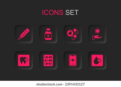 Set Pills in blister pack, Bottle of medicine syrup, Medical thermometer, Emergency call 911, Cross hospital medical, Blood test, Medicine pill or tablet and Dental clinic location icon. Vector