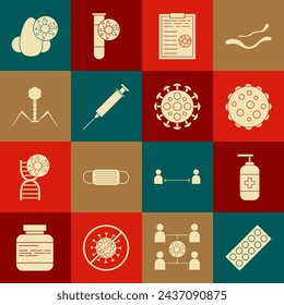 Set Pills in blister pack, Bottle of liquid antibacterial soap, Virus, Clipboard with blood test results, Syringe, Bacteria bacteriophage, Runny nose and virus and  icon. Vector