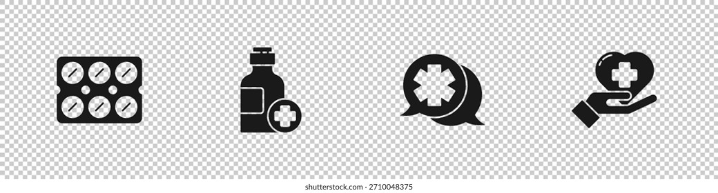 Set Pills in blister pack, Bottle of medicine syrup, Dialogue with the doctor and Heart cross icon. Vector