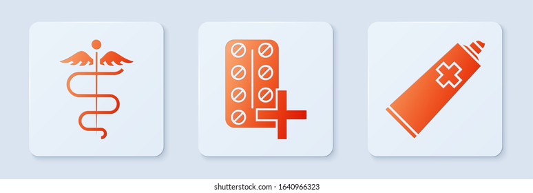 Set Pills in blister pack, Caduceus snake medical symbol and Ointment cream tube medicine. White square button. Vector