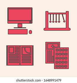 Set Pills in blister pack, Computer monitor with keyboard and mouse, Pendulum and Open book icon. Vector