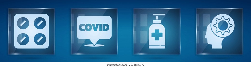 Set Pills in blister pack, Corona virus covid-19 on location, Bottle of liquid antibacterial soap and Human and virus. Square glass panels. Vector