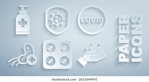 Set Pills in blister pack, Corona virus covid-19, Positivo, Mãos de lavagem com sabão, Escudo protegendo de e Garrafa de ícone antibacteriano líquido. Vetor