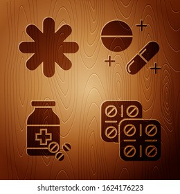 Set Pills in blister pack, Cross hospital medical, Medicine bottle and pills and Medicine pill or tablet on wooden background. Vector