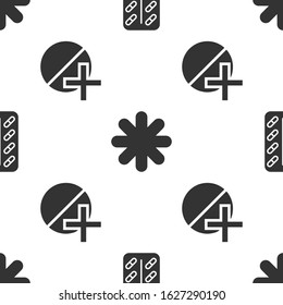 Set Pills in blister pack, Cross hospital medical and Medicine pill or tablet on seamless pattern. Vector
