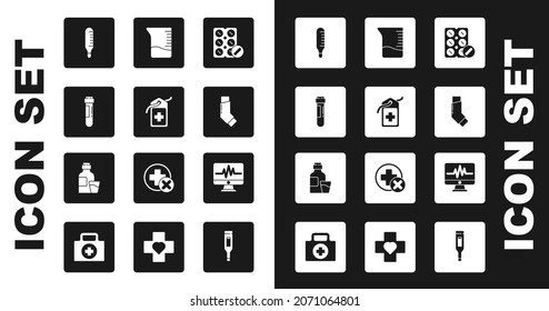 Set Pills in blister pack, Cross hospital medical tag, Test tube with blood, Medical thermometer, Inhaler, Measuring cup, Monitor cardiogram and Bottle of medicine syrup icon. Vector