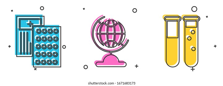 Coloque las pastillas en un blister, globo terrestre y un tubo de ensayo y un icono de laboratorio químico del matraz. Vector