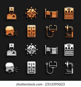 Set Pills in blister pack, Eye test chart, Microscope, Stethoscope, Man coughing, Hospital bed, Male doctor and Virus icon. Vector