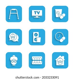 Set Pills in blister pack, False jaw, Nursing home, Medicine pill or tablet, Grandmother,  and Walker icon. Vector