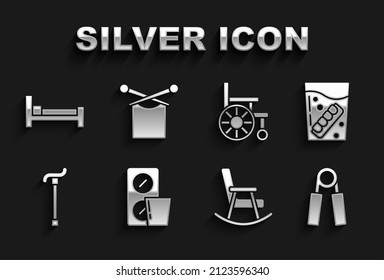 Set Pills in blister pack, False jaw glass, Sport expander, Rocking chair, Walking stick cane, Wheelchair, Bed and Knitting icon. Vector