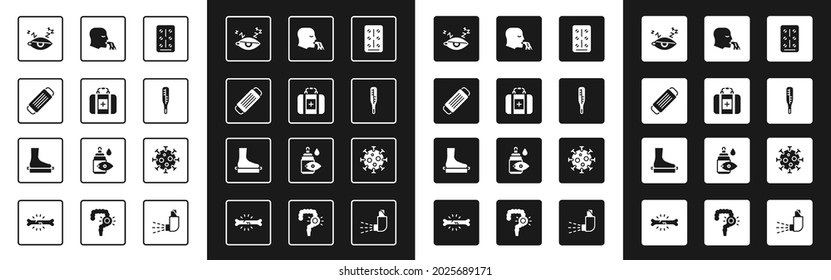 Set Pills in blister pack, First aid kit, Medical protective mask, Insomnia, thermometer, Vomiting man, Virus and Flat foot icon. Vector