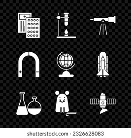 Set Pills in blister pack, Glass test tube flask on fire heater, Telescope, Test and chemical laboratory, Rat, Satellite, Magnet and Earth globe icon. Vector