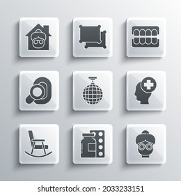 Set Pills in blister pack, Grandmother, Male head with hospital, Disco ball, Rocking chair, Hearing aid, Nursing home and False jaw icon. Vector