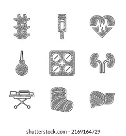 Set Pills In Blister Pack, Gypsum, Human Organ Liver, Kidneys, Stretcher, Enema, Heart Rate And Spine Icon. Vector