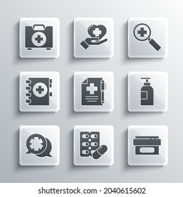 Set Pills in blister pack, Hand sanitizer bottle, Medical prescription pen, Dialogue with the doctor, clipboard, First aid kit and Magnifying glass for search medical icon. Vector