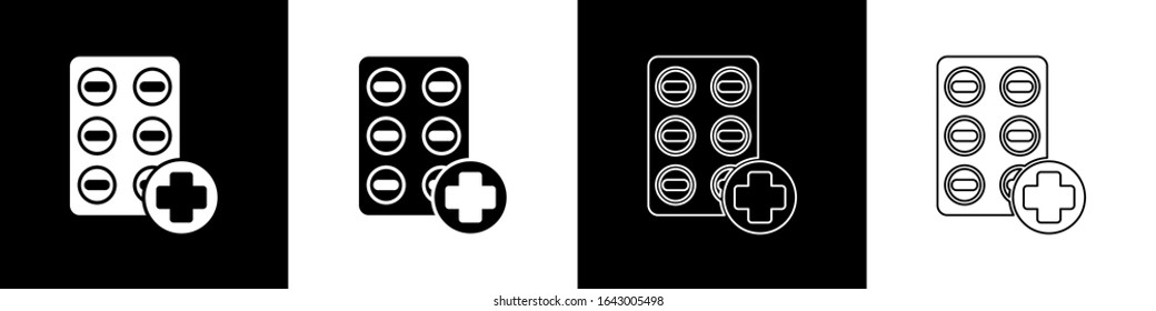 Set Pills in blister pack icon isolated on black and white background. Medical drug package for tablet, vitamin, antibiotic, aspirin.  Vector Illustration