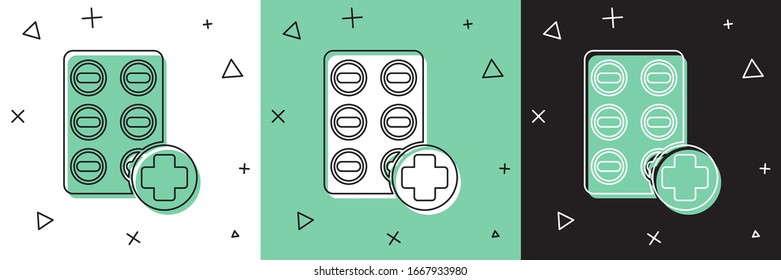 Set Pills in blister pack icon isolated on white and green, black background. Medical drug package for tablet, vitamin, antibiotic, aspirin.  Vector Illustration