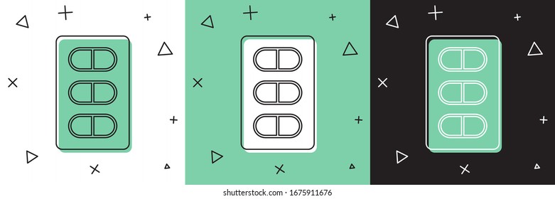 Set Pillen in Blisterpackungen Symbol einzeln auf weißem und grünem, schwarzem Hintergrund. Arzneimittelpackung für Tablette, Vitamin, Antibiotikum, Aspirin. Vektorillustration-Illustration