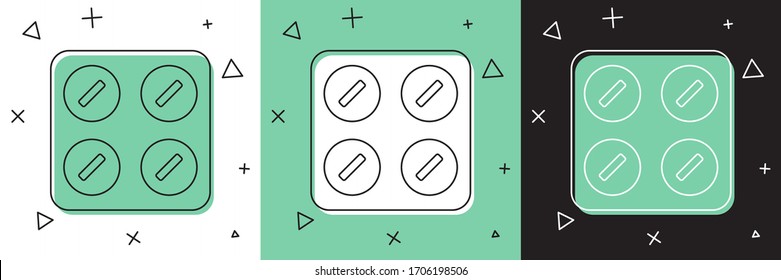 Set Pills in blister pack icon isolated on white and green, black background. Medical drug package for tablet, vitamin, antibiotic, aspirin.  Vector Illustration