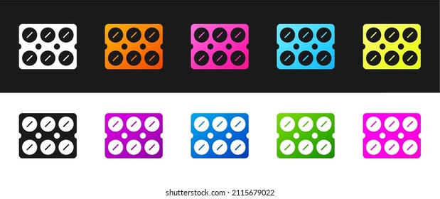 Set Pills in blister pack icon isolated on black and white background. Medical drug package for tablet, vitamin, antibiotic, aspirin.  Vector Illustration