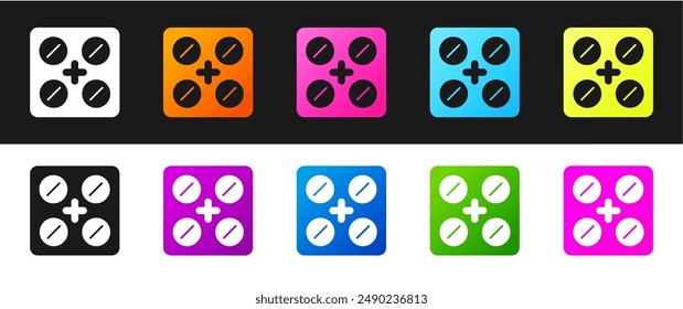 Set Pills in blister pack icon isolated on black and white background. Medical drug package for tablet, vitamin, antibiotic, aspirin.  Vector