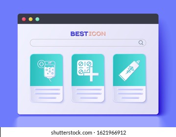 Set Pills in blister pack, IV bag and Ointment cream tube medicine icon. Vector