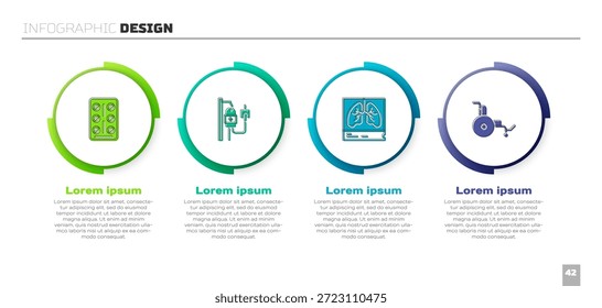 Set Píldoras en blíster, bolsa IV, radiografía de pulmones y silla de ruedas. Plantilla de infografía de negocios. Vector