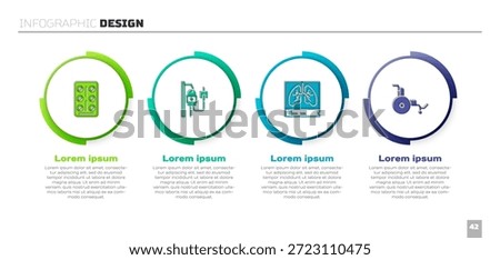 Set Pills in blister pack, IV bag, Lungs x-ray and Wheelchair. Business infographic template. Vector