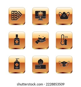 Set Pills in blister pack, Liquid antibacterial soap, Wet wipe, Washing hands with, Medical protective mask, and Virus statistics on monitor icon. Vector