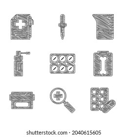 Set Pills in blister pack, Magnifying glass for search medical, X-ray shots, Ointment cream tube medicine, Bottle with nozzle spray, Measuring cup and Medical prescription and pen icon. Vector
